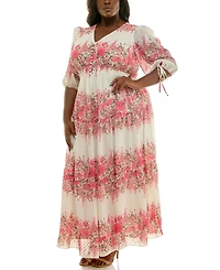 Taylor Plus Floral-Print Chiffon A-Line Midi Dress