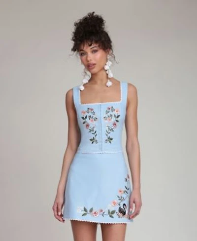 Avec Les Filles Womens Square Neck Sleeveless Top Embroidered Zippered Mini Skirt