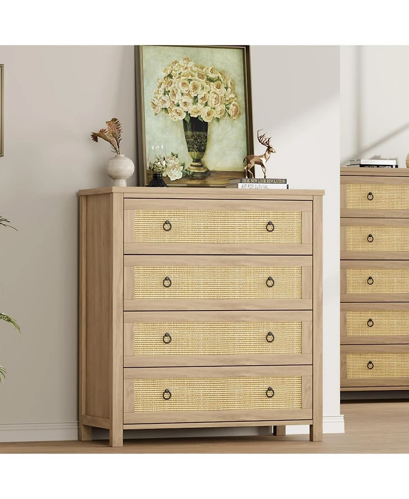 gaomon Dresser for Bedroom Rattan Chest of Dressers 37 in Tall Dresser for Closet with 4 Rattan Drawers Boho Nightstand Large Clothes Storage Cabinet