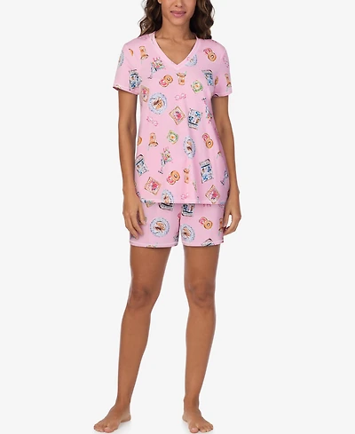 Cuddl Duds Women's Short-Sleeve V-Neck Top and Boxer Jersey, 2-Piece Pajama Set