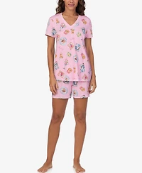 Cuddl Duds Women's Short-Sleeve V-Neck Top and Boxer Jersey, 2-Piece Pajama Set