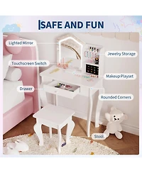 gaomon Kids Vanity with Lighted Mirror, Little Girl Vanity and Stool, Toddler Makeup Table Set and Makeup Playset for 3-8 Girls