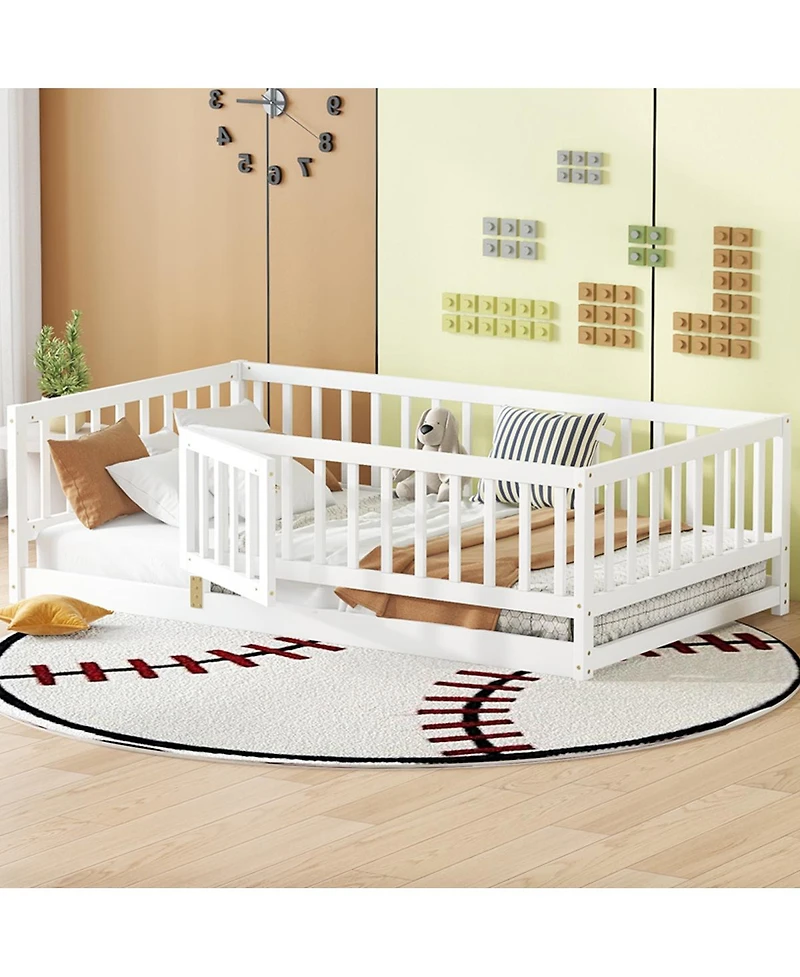 Streamdale Furniture Twin Size Montessori Floor Bed with Fence and Door
