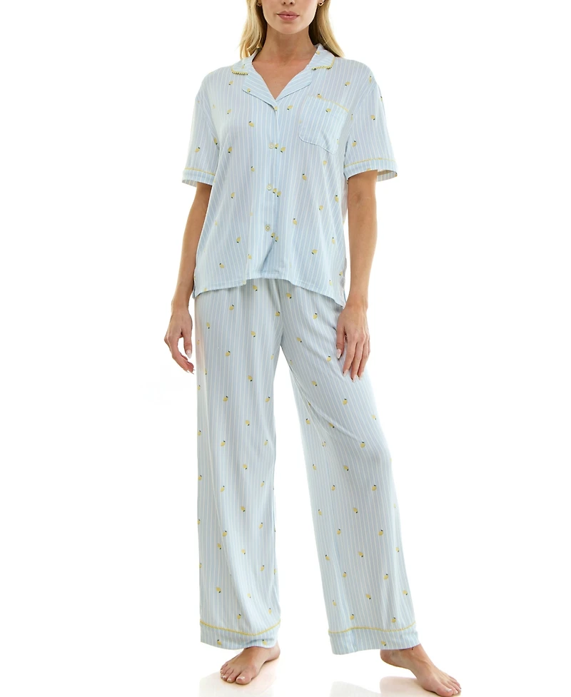 Jaclyn Intimates Women's Notch Collared Top and Pajama Pants, 2-Piece Set