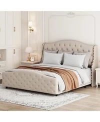 Gaomon Size Velvet Bed Frame With Headboard Footboard Tufted Wingback Headboard Upholstered Platform Bed Strong Wooden Slats Easy Assembly