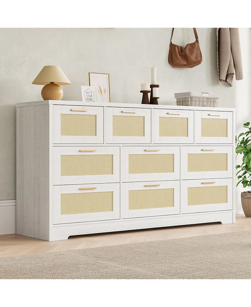gaomon Rattan Dresser with 10 Drawers, Wide Storage Chest with Tabletop