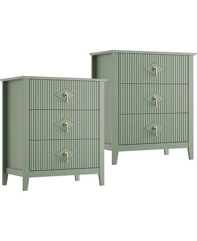 Gaomon 2 Piece 27.5 Wide Wooden Fluted Nightstand Set with 3 Storage Drawers & Metal Handles