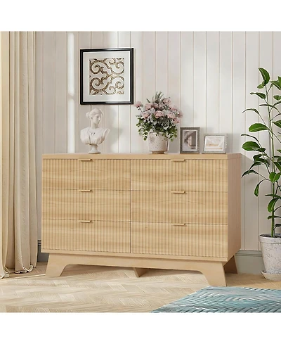 gaomon 6 Drawer Dresser for Bedroom, 47" Wide Mid Century Modern Dresser with Gold Handle,Fluted Dressers Chest of Drawers,Tv Stand,Storage Organ