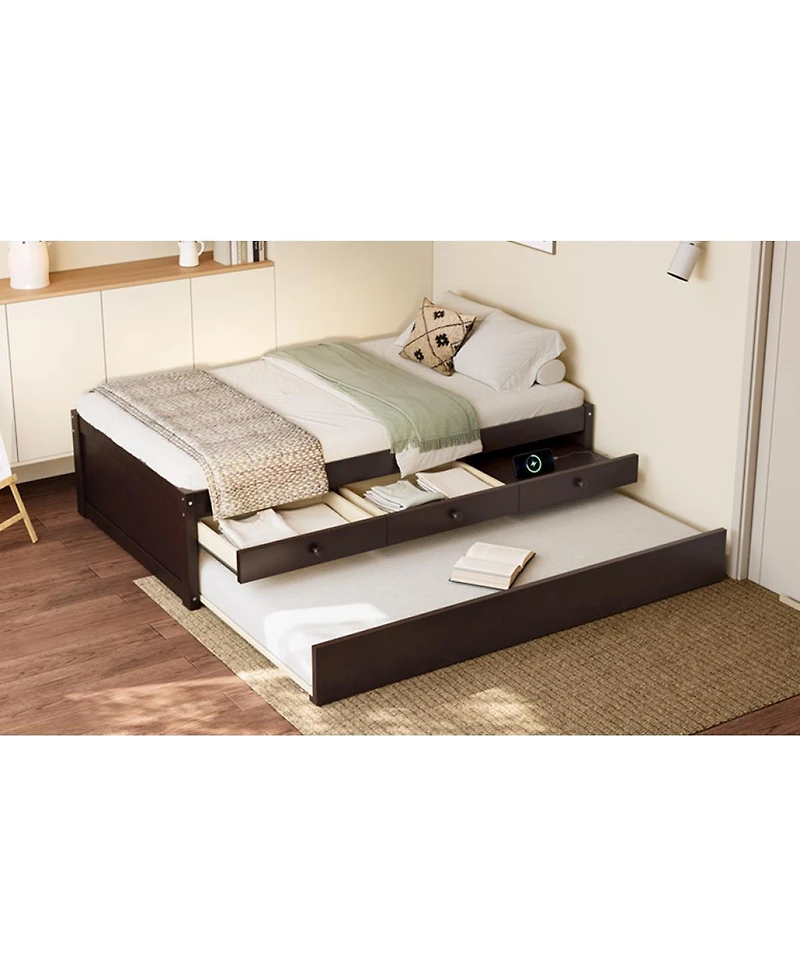 Streamdale Furniture Streamdale Twin Platform Bed with Trundle, 2 Drawers & Power Strip, Espresso
