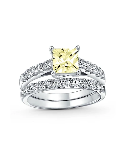 Bling Jewelry Classic 3CT Cubic Zirconia Cz Princess Cut Solitaire Ring Set Pave Band