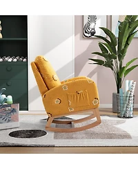 Flynama Mustard Boucle Modern Nursery Rocking Chair Mid Century Accent Armchair Side Pocket High Back Wooden Legs for Living Room Kids Bedroom