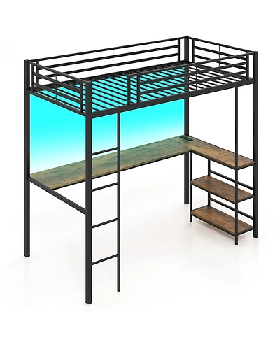 Sugift Twin Size Loft Bed Raised Platform Bed with Desk and 2 Storage Shelves