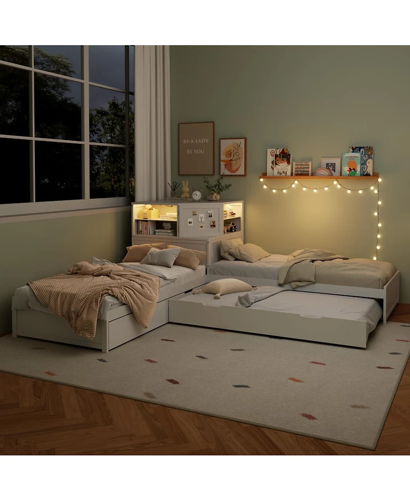 Streamdale Furniture L-Shaped Twin Bed Frame w/ Trundle, Drawer, Desk & Led