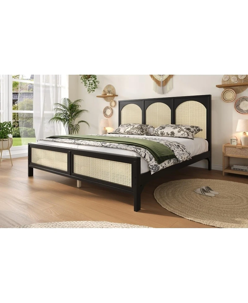 Streamdale Furniture King Size Wood Platform Bed with Rattan Headboard