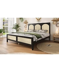 Streamdale Furniture King Size Wood Platform Bed with Rattan Headboard