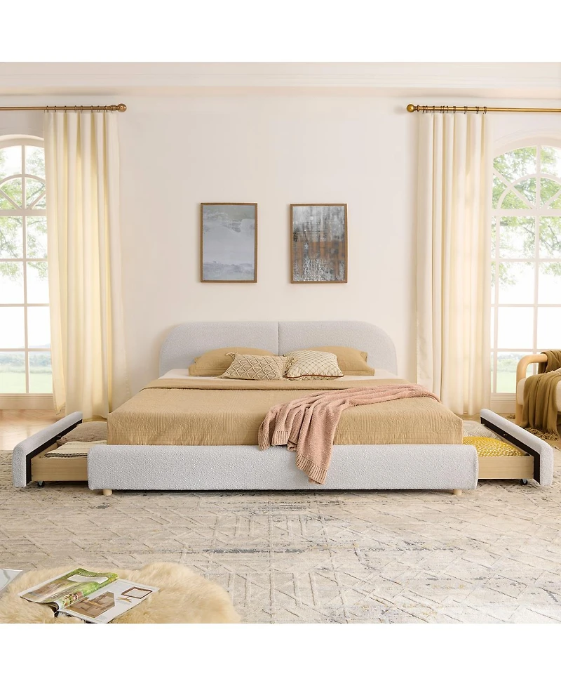 Streamdale Furniture King Size Upholstered Bed Frame - Minimalist Style, Curved Headboard, Drawer Storage
