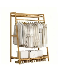 Yigii Bamboo Garment Rack with Hanging Rod and Hooks for Organized Storage