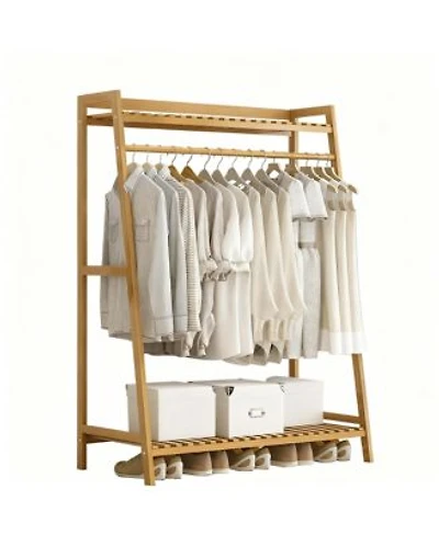 Yigii Bamboo Garment Rack with Hanging Rod Hooks for Organized Storage