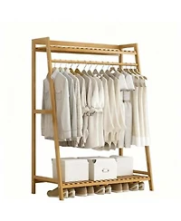 Yigii Bamboo Garment Rack with Hanging Rod Hooks for Organized Storage