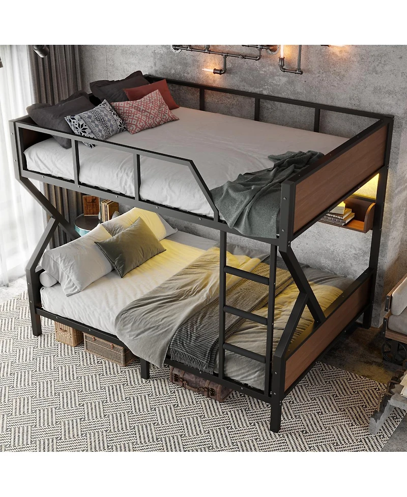 Streamdale Furniture Queen over Queen Bunk Bed with Storage Shelves and Lights