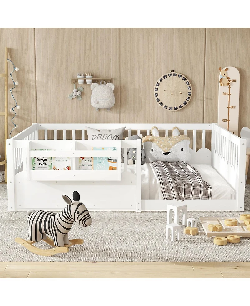 Streamdale Furniture Full Floor Bed with Fence and Bookshelf, Wood Kids Bed
