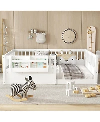 Streamdale Furniture Full Floor Bed with Fence and Bookshelf, Wood Kids Bed