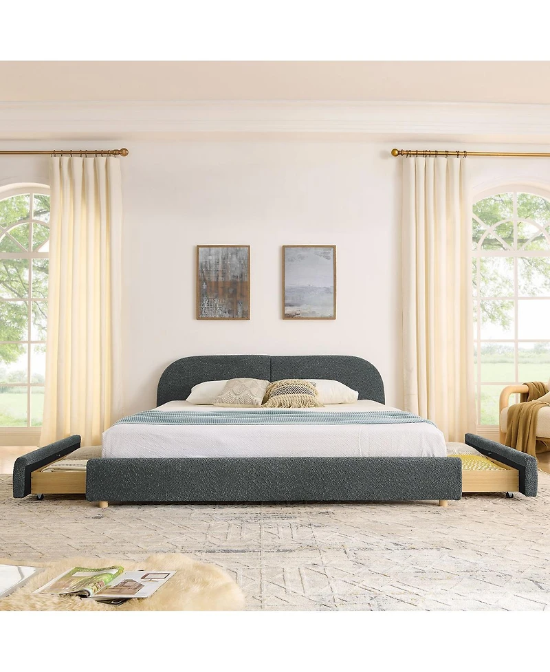 Streamdale Furniture Streamdale King Size Upholstered Bed Frame, Modern Minimalist, Curved Headboard, Drawer Storage