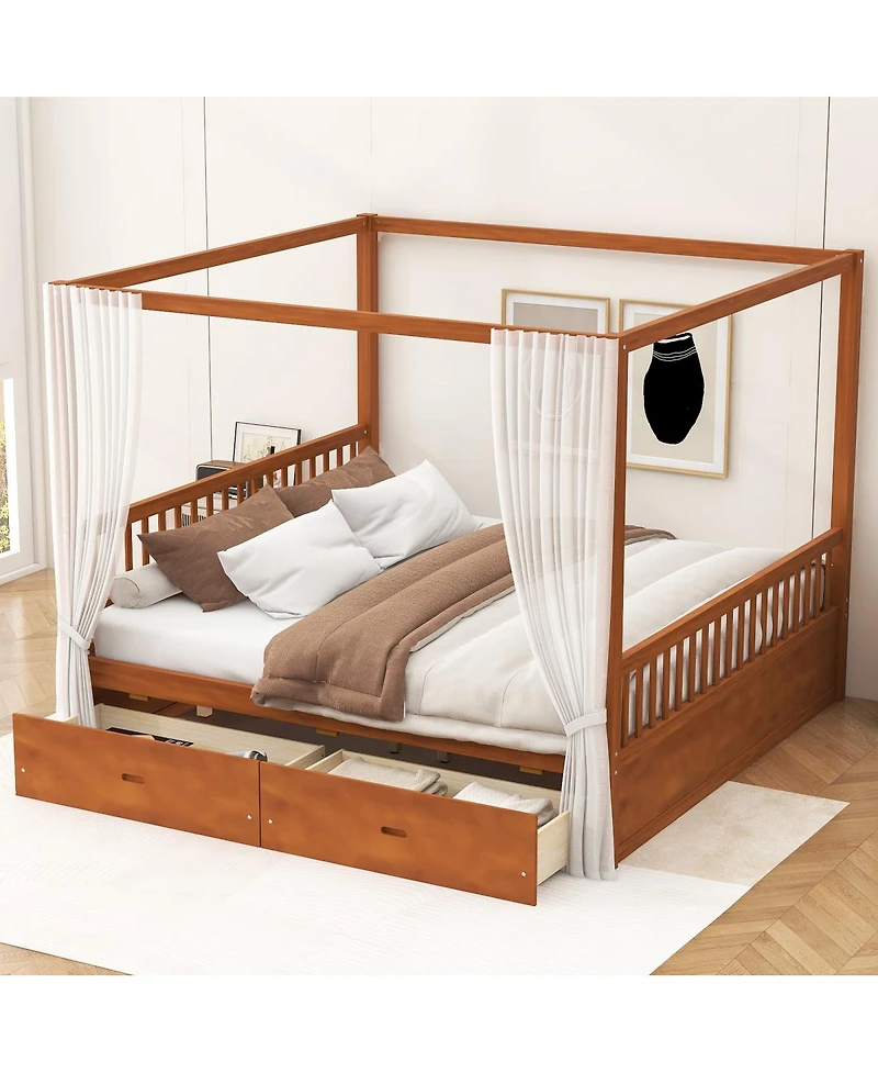 Streamdale Furniture Streamdale Wooden Canopy Bed with Storage Drawers, Queen size, Walnut