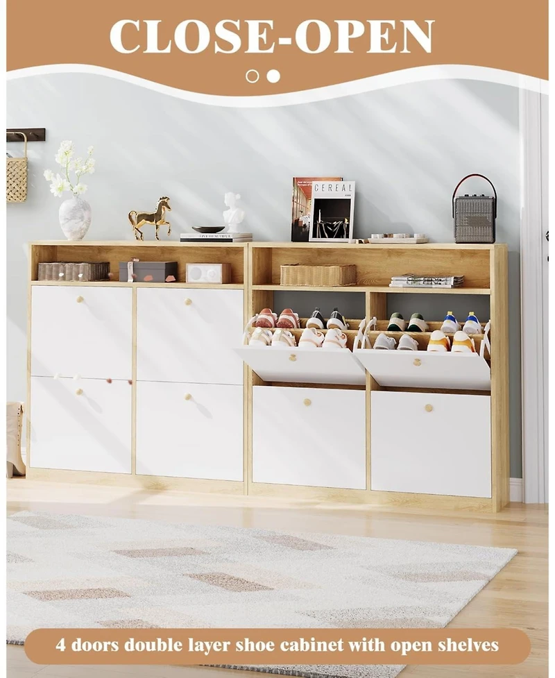 gaomon Narrow Shoe Cabinet with 4 Flip Drawers and Open Shelf, Wooden Freestanding Shoes Organizer with Shelves for Slippers,Sneakers,Heels,Boots