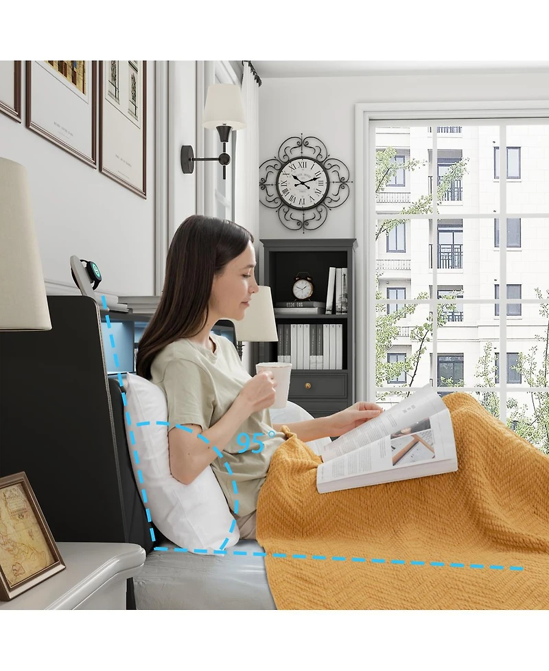 Streamdale Furniture Bed Frame with Ergonomic Headboard, Outlets, Led Light & Shelf