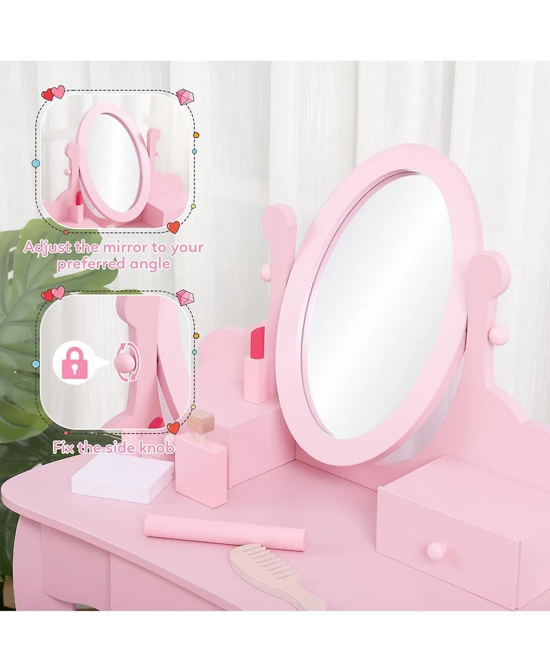 gaomon Kids Vanity Set with Adjustable Mirror & Stool,Wooden Toddler Drawers,Pretend Makeup Dressing Table for Little Girls