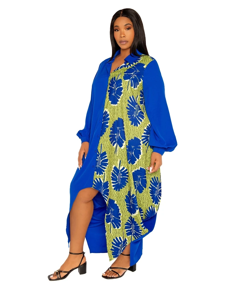 Buxom Couture Women's Plus Contrast Print Drapy Shirt Maxi Dress