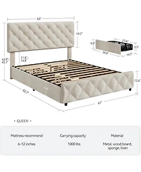 Gaomon Queen Bed Frame with 4 Storage Drawers, Linen Upholstered Platform Adjustable Headboard