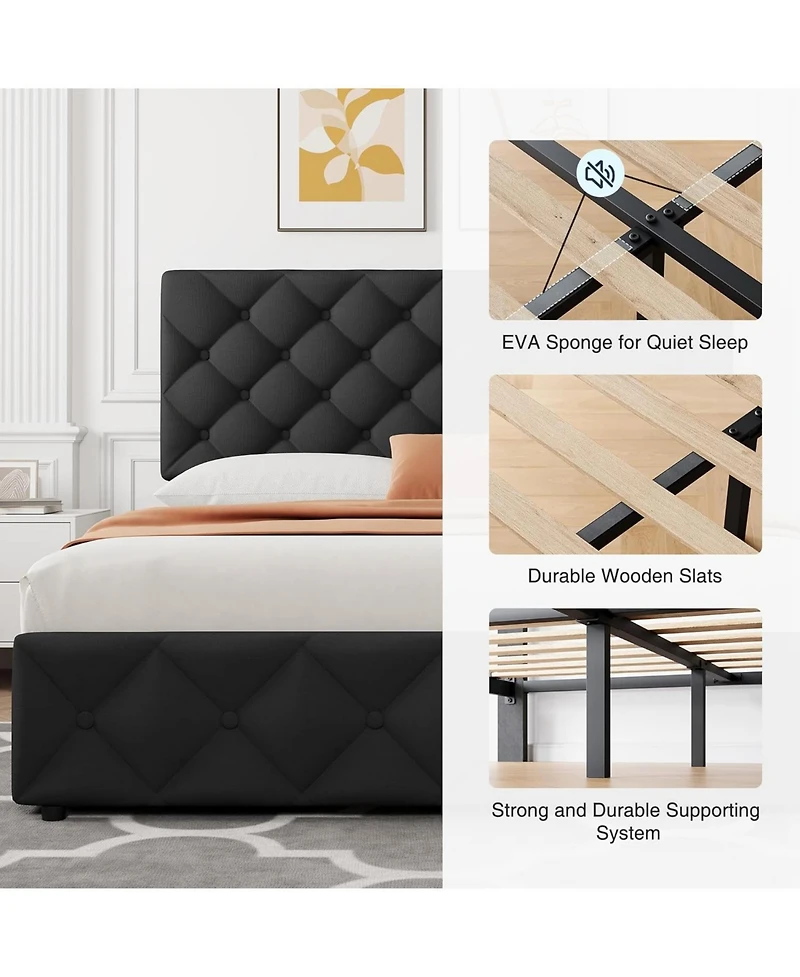 Gaomon Queen Bed Frame with 4 Storage Drawers, Linen Upholstered Platform Adjustable Headboard