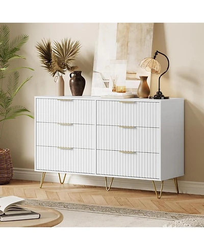 gaomon Fluted Dresser for Bedroom with 6 Drawers, Modern Chest of Wooden Bedroom Chest with Metal Handle