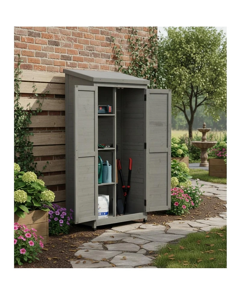 Streamdale FurnitureOutdoor Wooden Storage Shed with Metal Top Tall Vertical Tool Cabinet