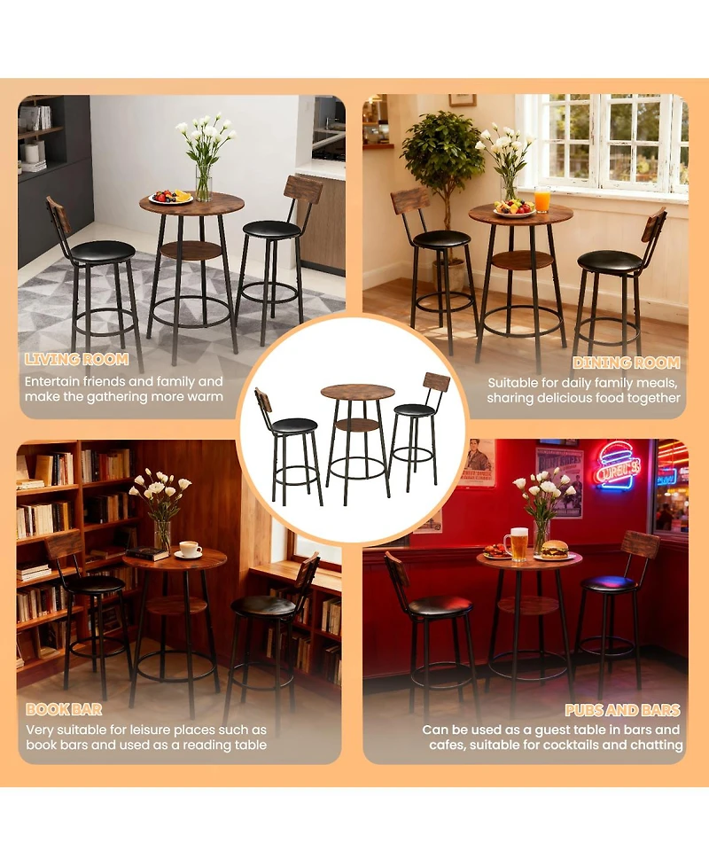 Streamdale Furniture Rustic Brown 3-Piece Round Bar Table & 2 Stools Set