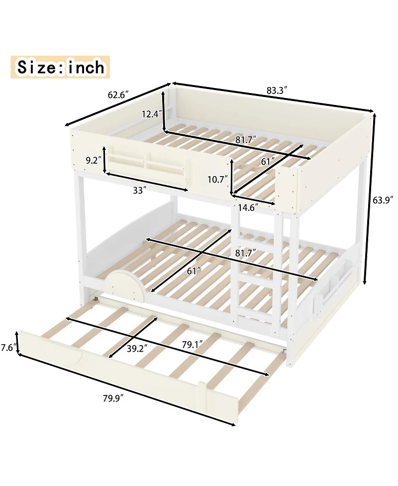 Streamdale Furniture Queen Bunk Bed with Trundle, Bookshelf, and Auto Design for Kids