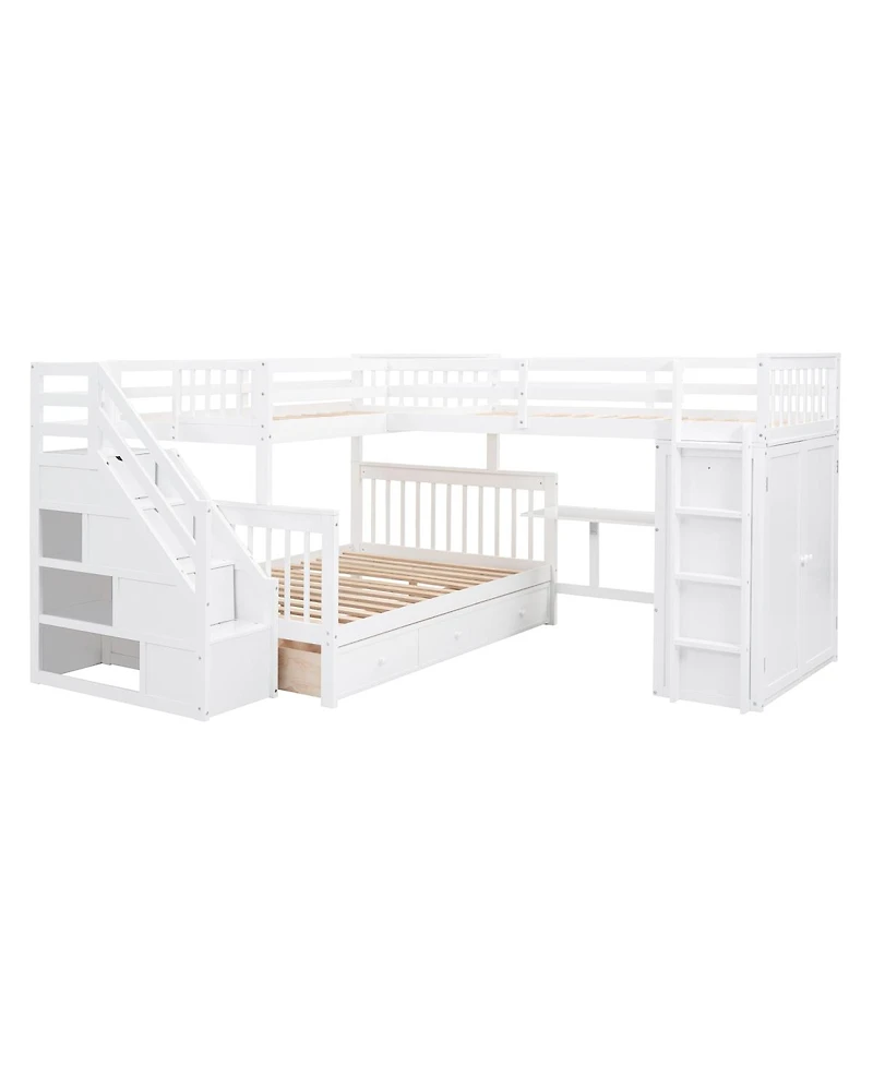 Streamdale Twin L-Shaped Bunk Bed w/ Desk, Wardrobe & 3 Drawers, White