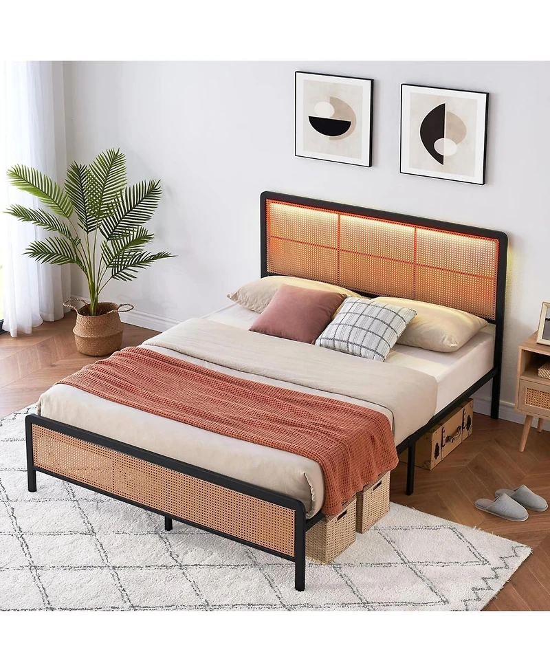 Gaomon Full Rattan Platform Bed Frame with Led Light Headboard, Modern Style Cane Boho Frames Sturdy Steel Slat Support