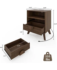 gaomon Fluted Night Stand Wood Tall Nightstands with Charging Station, End Table with 2 Drawers