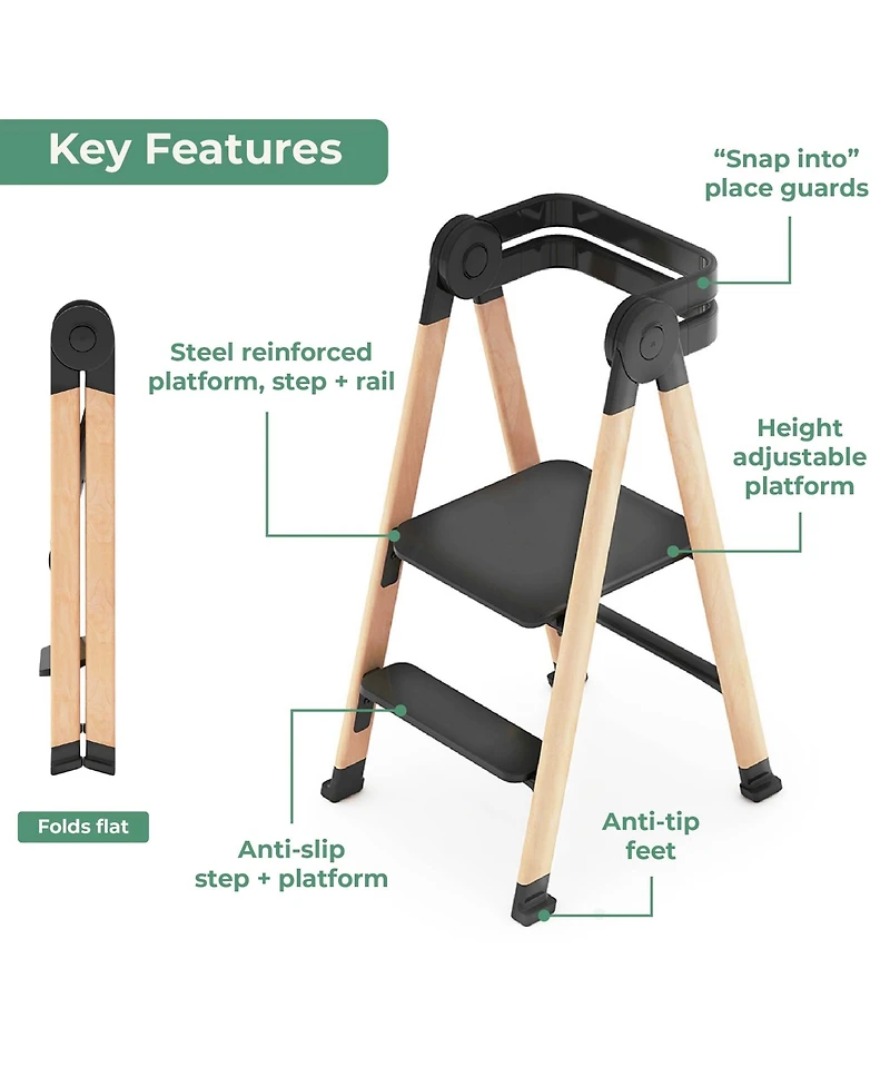 Guidecraft Kitchen Helper Flex Toddler Tower Step Stool for Kids and Adults- Wood Plastic Foldable Height Adjustable