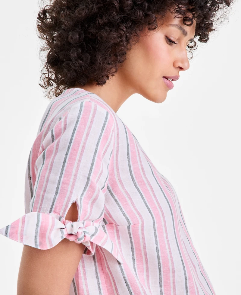 Charter Club Women's 100% Linen Split-Neck Tie-Cuff Top, Created for Macy's