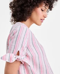 Charter Club Women's 100% Linen Split-Neck Tie-Cuff Top, Created for Macy's