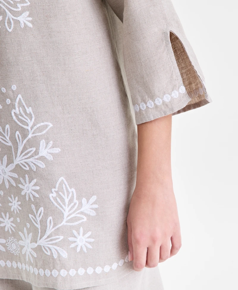 Charter Club Women's 100% Linen Embroidered 3/4-Sleeve Tunic, Macy's Exclusive
