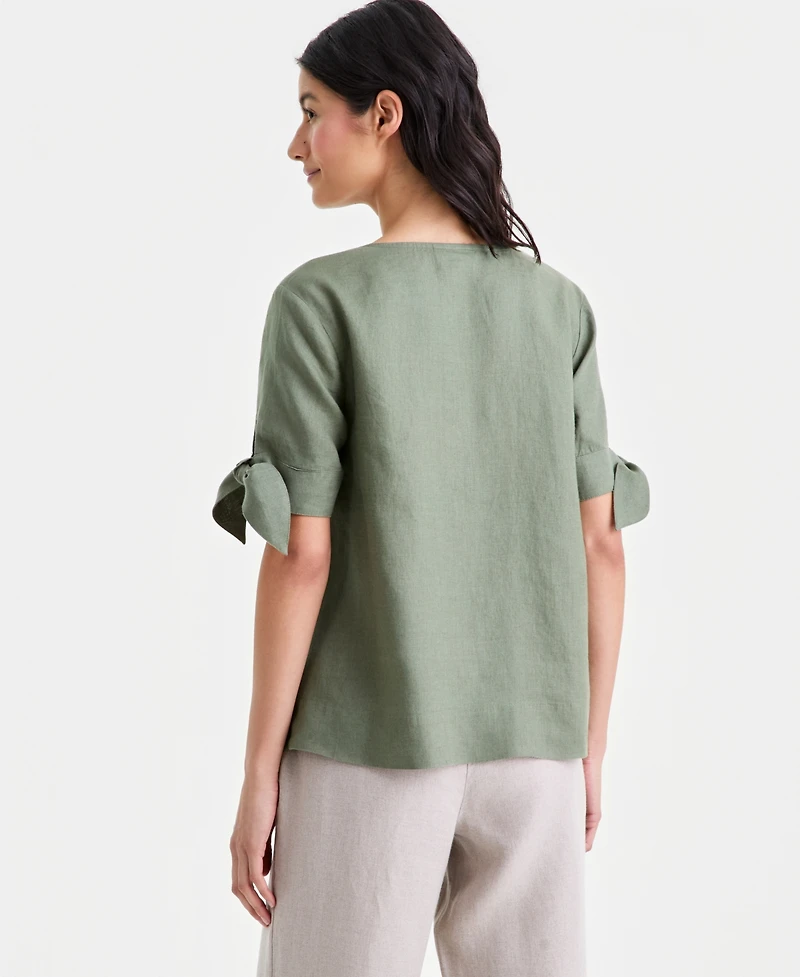 Charter Club Women's 100% Linen Split-Neck Tie-Cuff Top, Created for Macy's