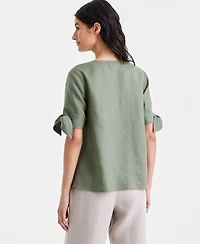 Charter Club Women's 100% Linen Split-Neck Tie-Cuff Top, Created for Macy's