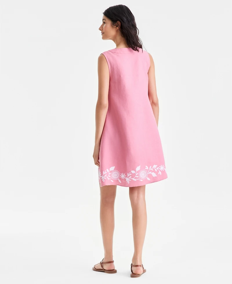 Charter Club Women's 100% Linen Embroidered-Hem Sleeveless Dress, Macy's Exclusive