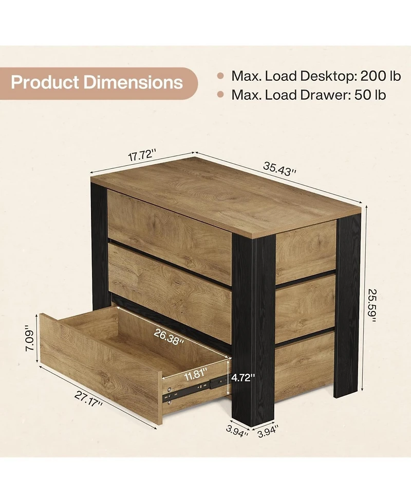 Tribesigns 36" Wide Nightstand Set of 2, Extra Large Night Stand with 3 Drawers, Oversized Nightstand Bedside Table, Farmhouse Side End Table