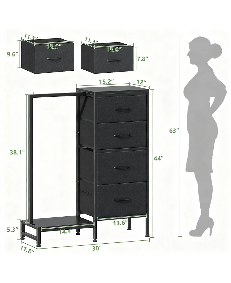 Yigii 44" Tall 2-in-1 Dresser & Rack, 4 Drawers, Reversible, Sturdy